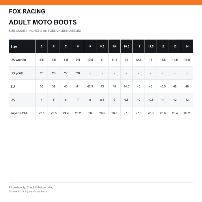 Fox Adult Moto Boots Size Chart