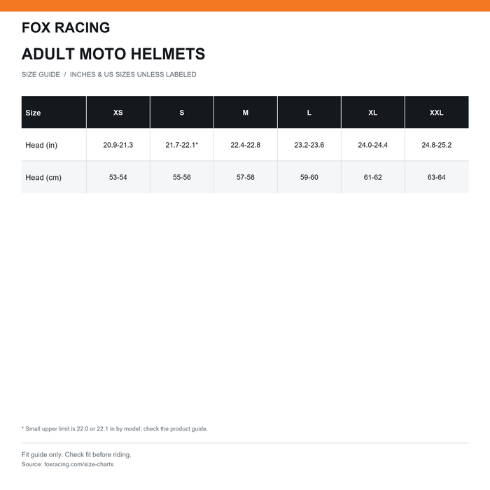 Fox Racing V3 RS Carbon Solid Helmet size chart