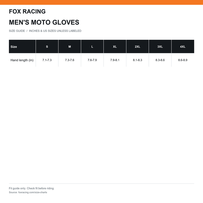 Fox Racing Bomber LT Gloves size chart