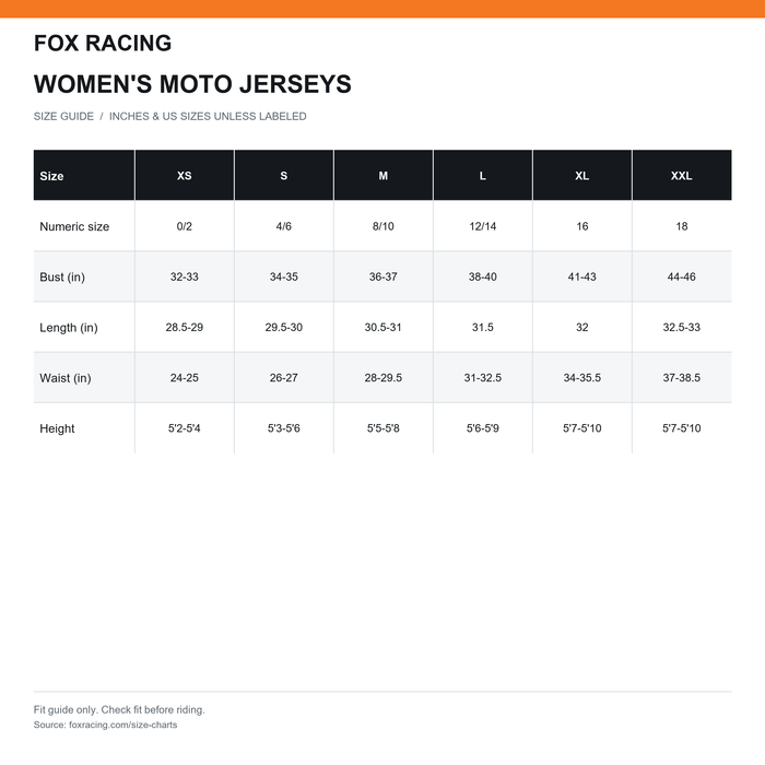 Fox Womens Moto Jersey Size Chart