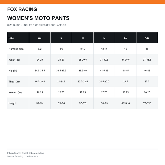 Fox Womens Moto Pants Size Chart