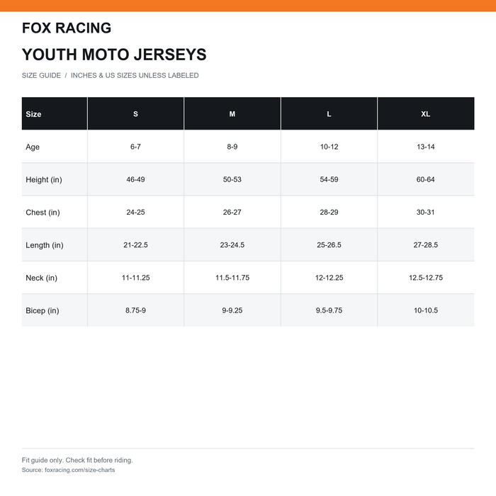 Fox Racing Youth 180 Noble Jersey size chart