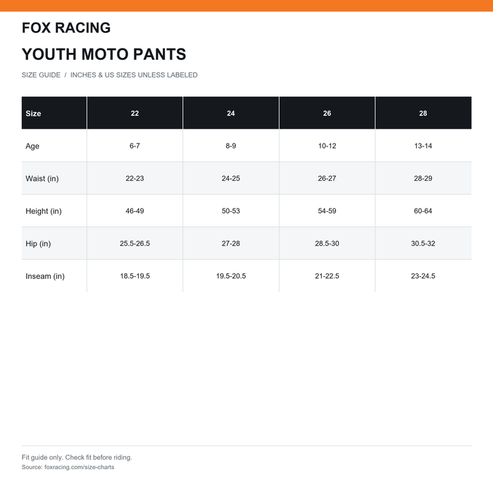 Fox Racing Youth 180 Noble Pants size chart
