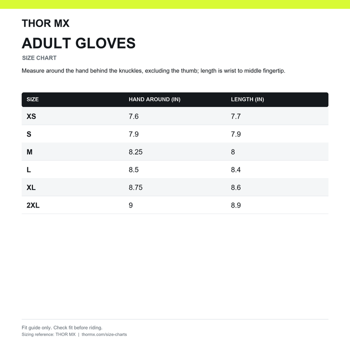 Thor Adult Gloves Size Chart
