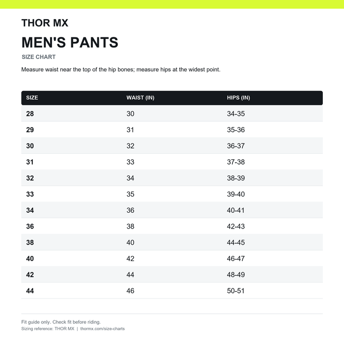 Thor Mens Pants Size Chart