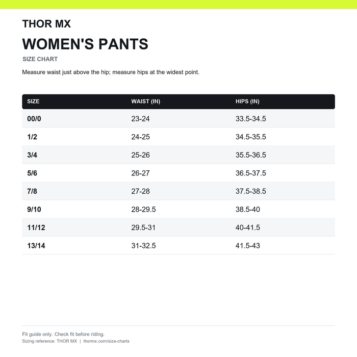 Thor Womens Pants Size Chart