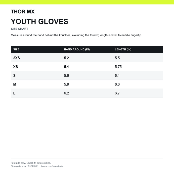 Thor Youth Gloves Size Chart