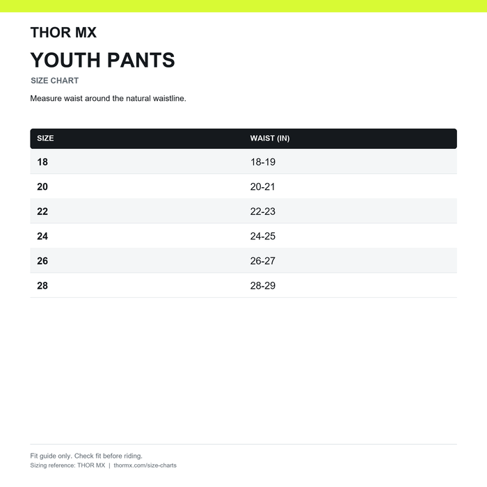 Thor Youth Pants Size Chart