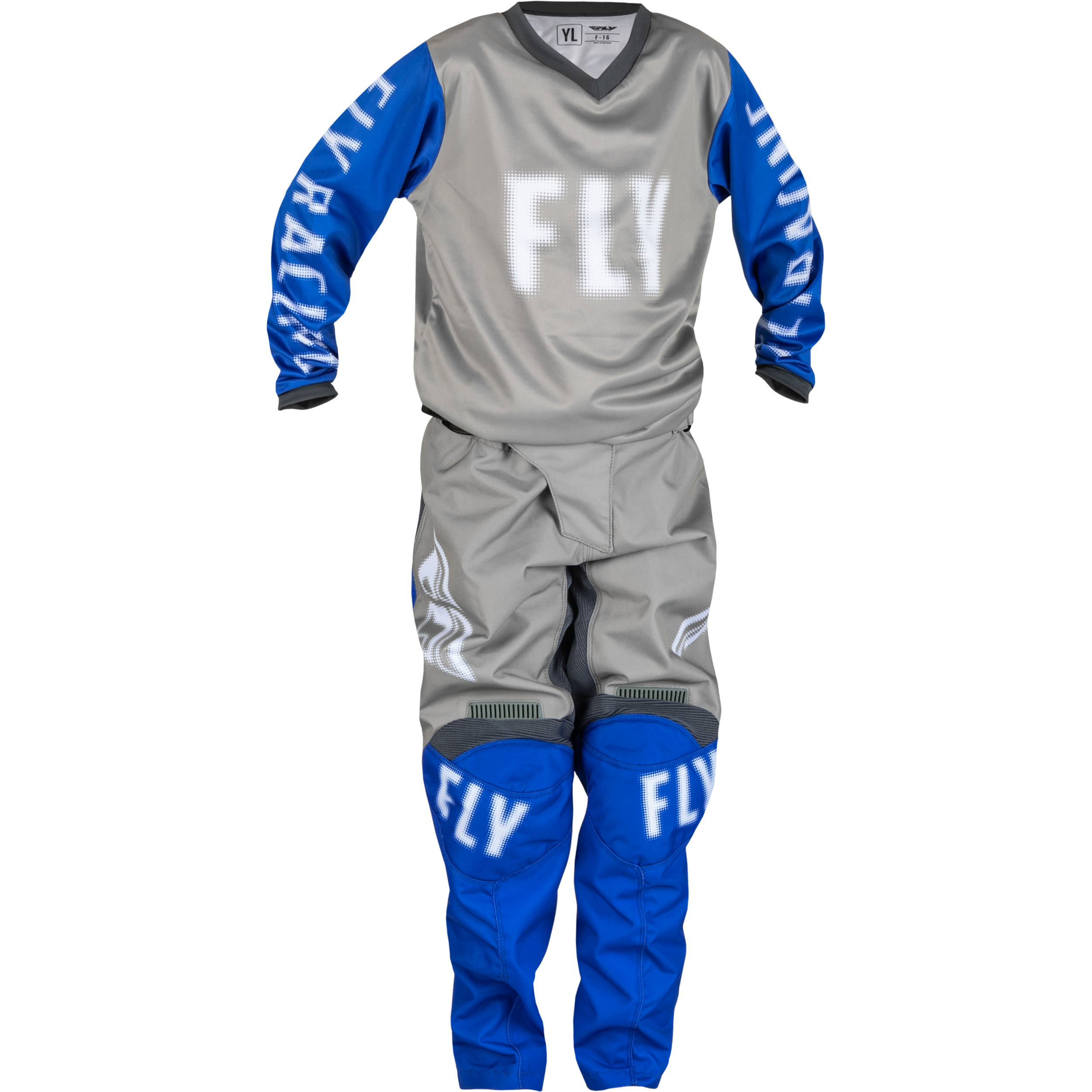 2024 Fly Racing Youth F 16 Grey Blue Gear Combo BentLever