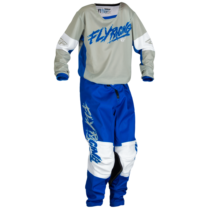 2024 Fly Racing Youth Kinetic Khaos Light Grey/Blue/White Gear Combo